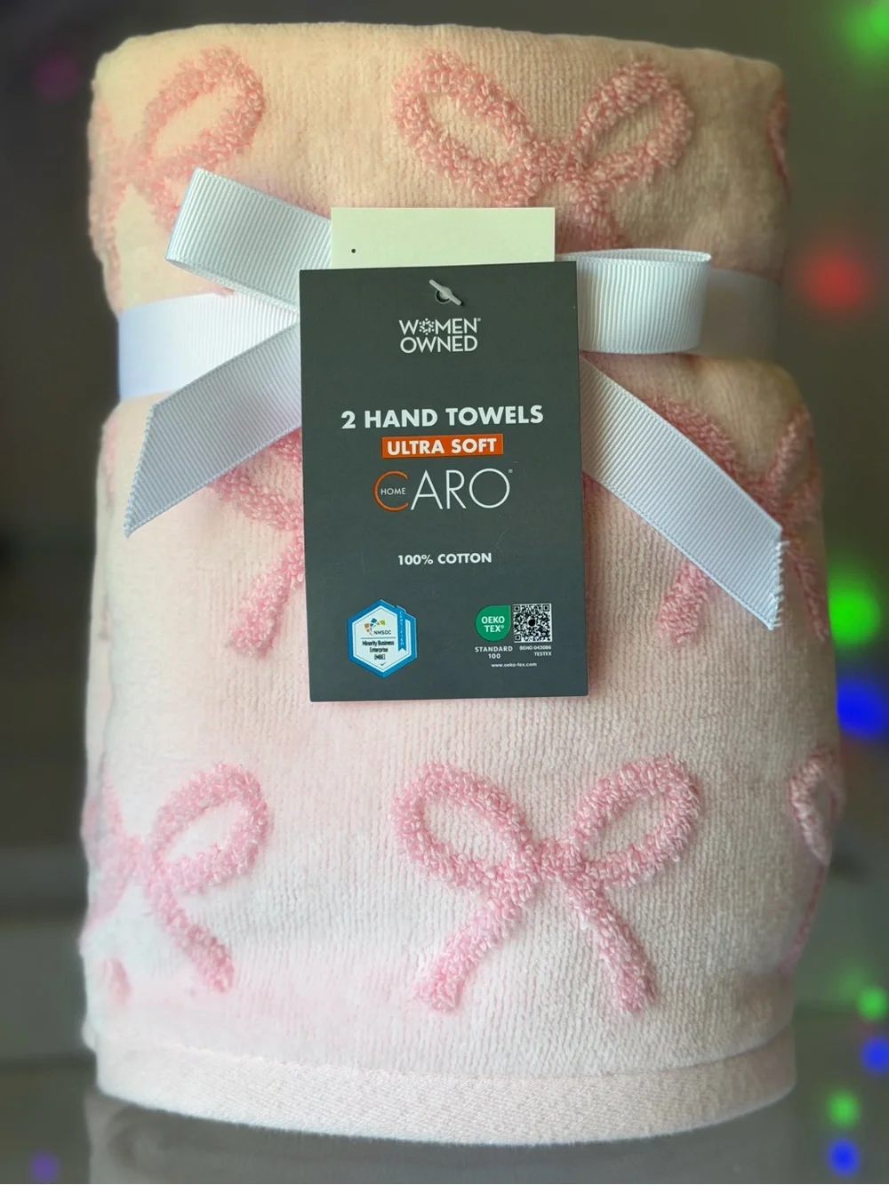 Caro Home Pink Bow Cotton Hand Towels 18x28 Set of 2